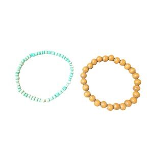 Woven Bracelet with 1 Ceramic & 2 Wooden Beads - Blue‎ - 7" - Screw Clasp
